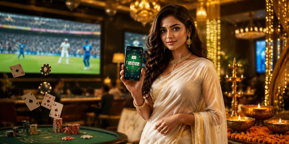 Woman in saree enjoying cricket betting experience via mobile in India